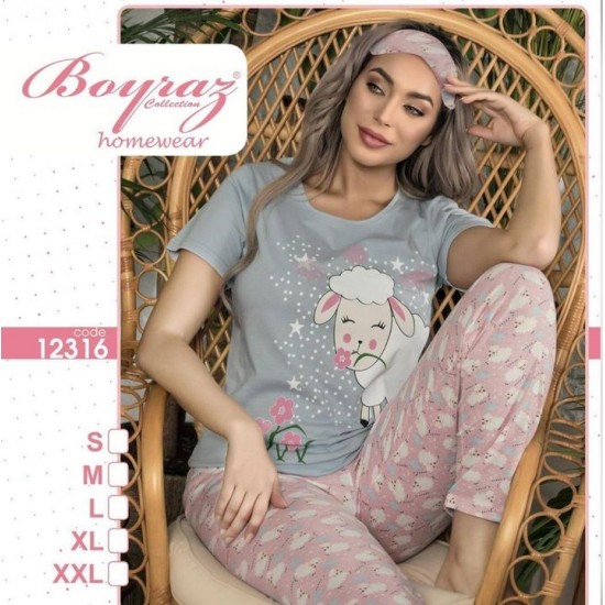 Boyraz Kadın Kuzucuk Desenli Pijama Takımı Uzun Kol 12316