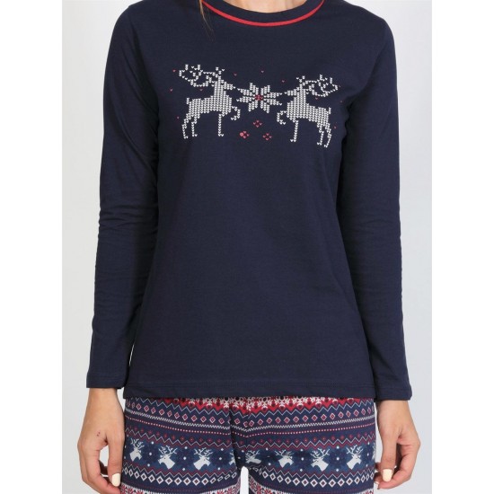 NBB Geyik Desenli Kadın Pijama Takımı Uzun Kol 66637 NBB Geyik Desenli Kadın Pijama Takımı Uzun Kol 66637